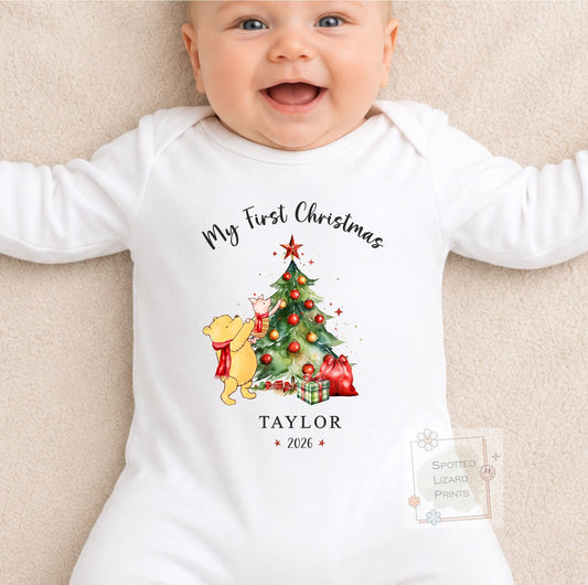 Personalised My First Christmas Baby Outfit- My First Christmas Baby Vest or Sleepsuit - 1st Xmas Winnie the Pooh