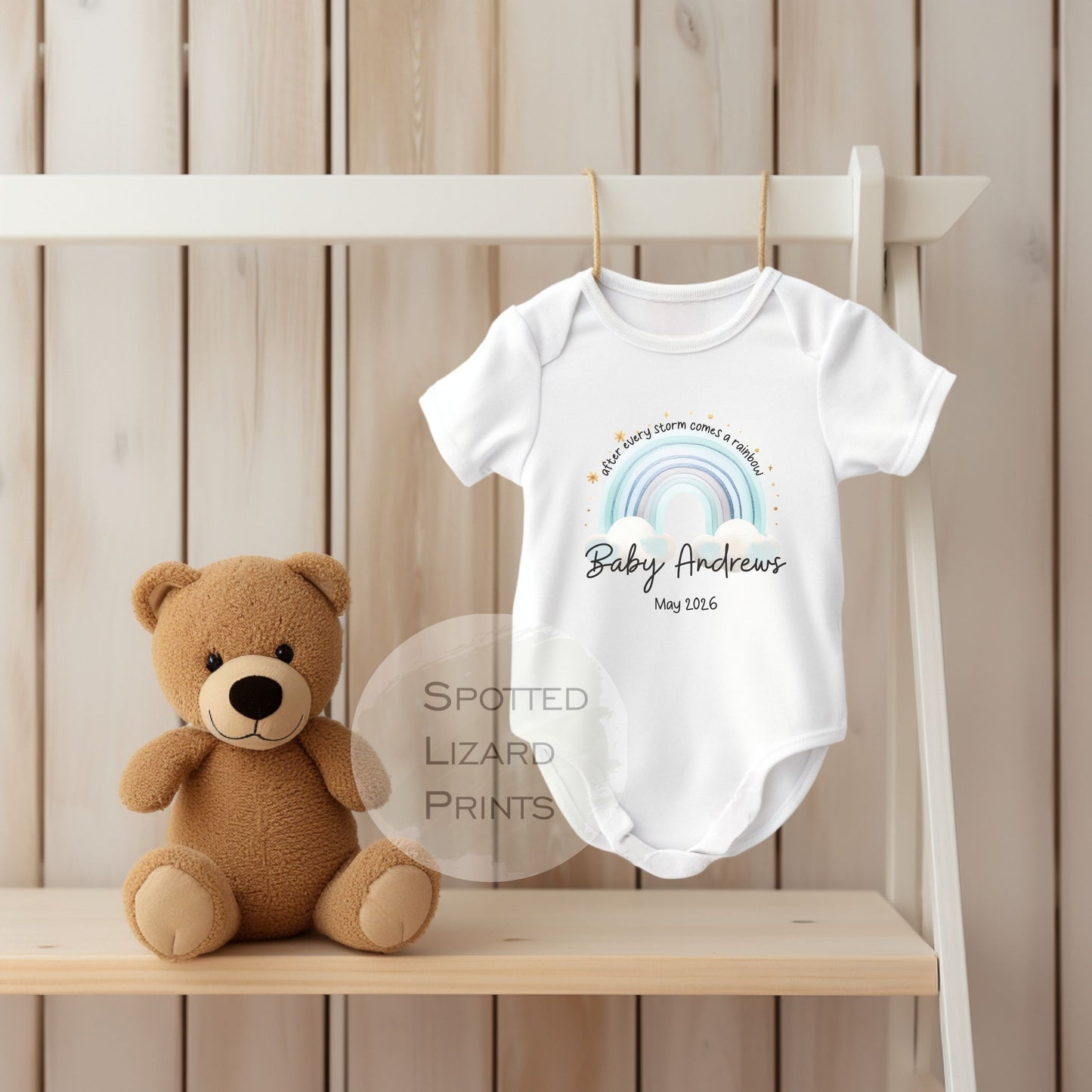 personalised after every storm comes a rainbow baby vest