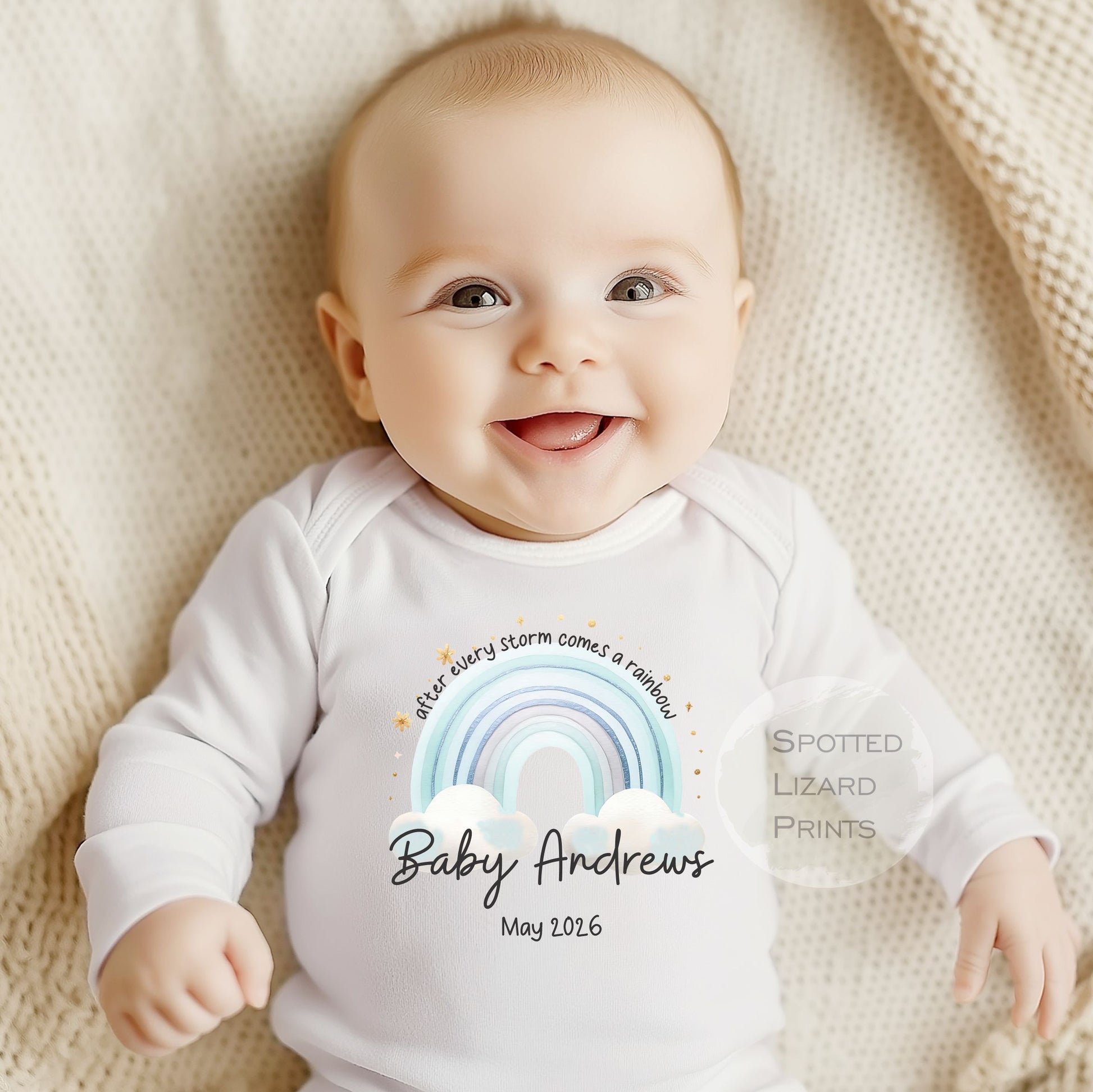 personalised after every storm comes a rainbow baby sleepsuit