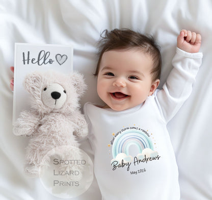 personalised after every storm comes a rainbow baby sleepsuit
