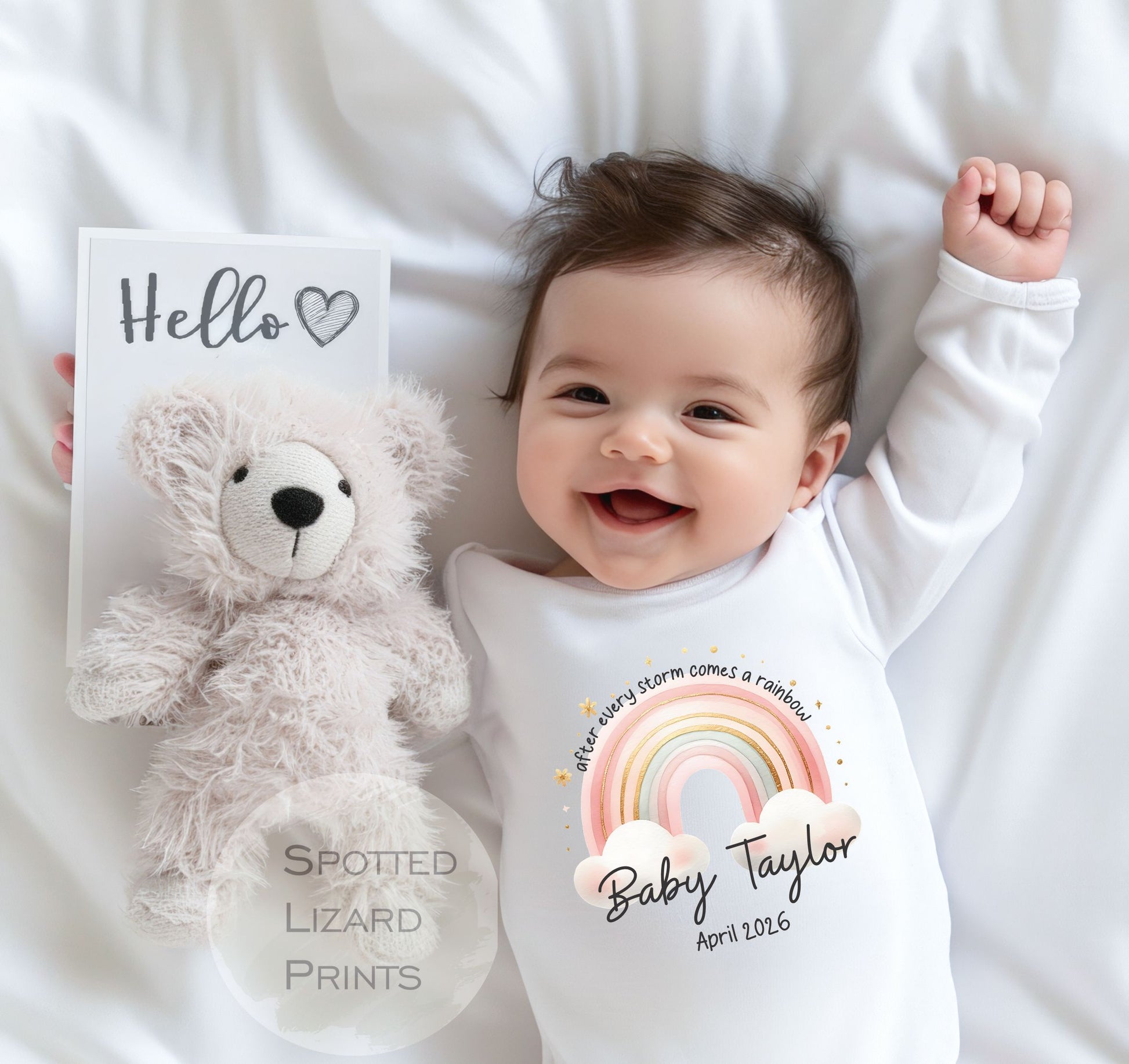 personalised after every storm comes a rainbow baby sleepsuit