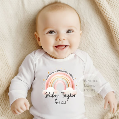 personalised after every storm comes a rainbow baby sleepsuit