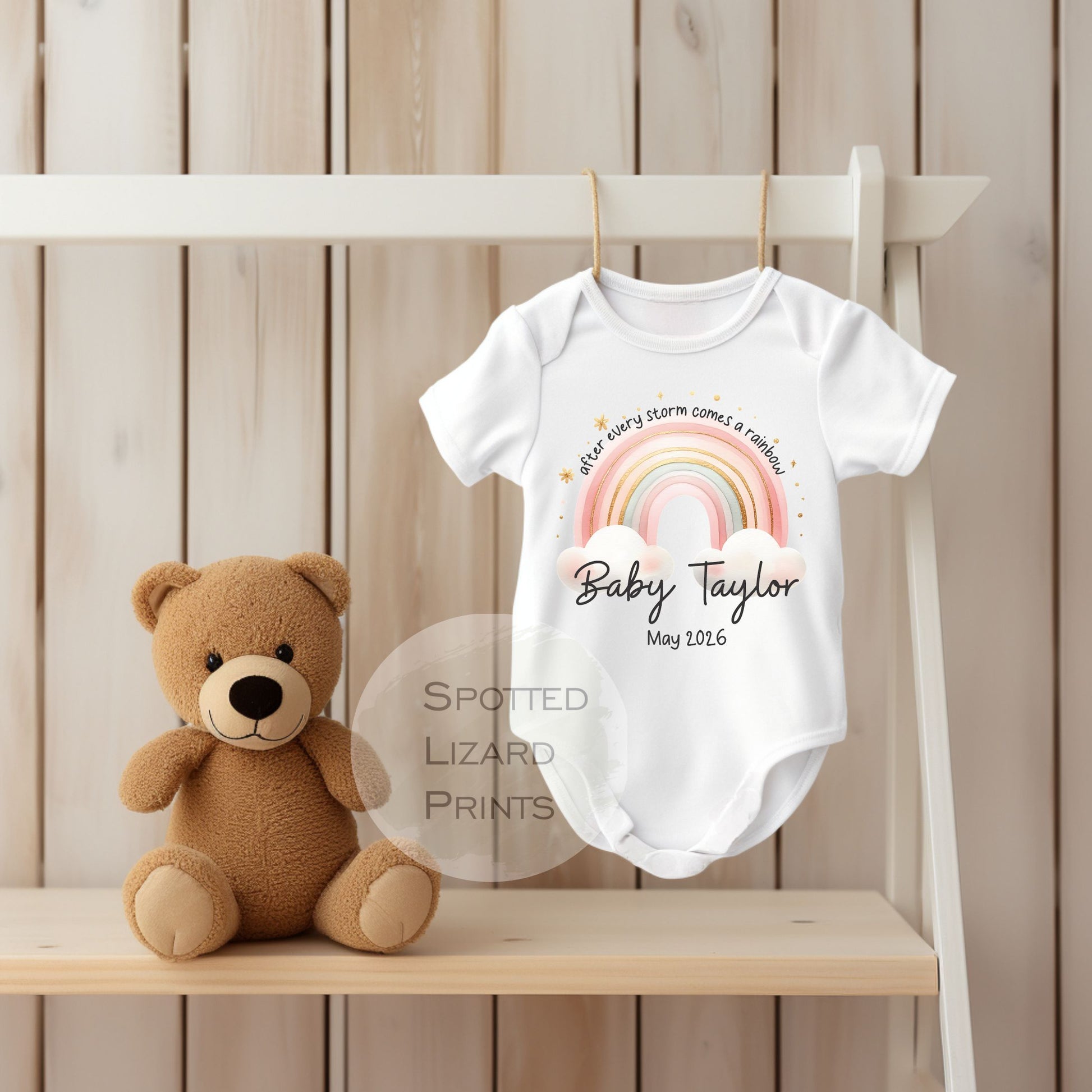 personalised after every storm comes a rainbow baby vest