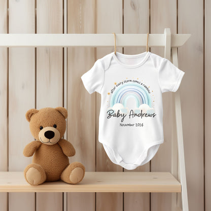 personalised after every storm comes a rainbow baby vest