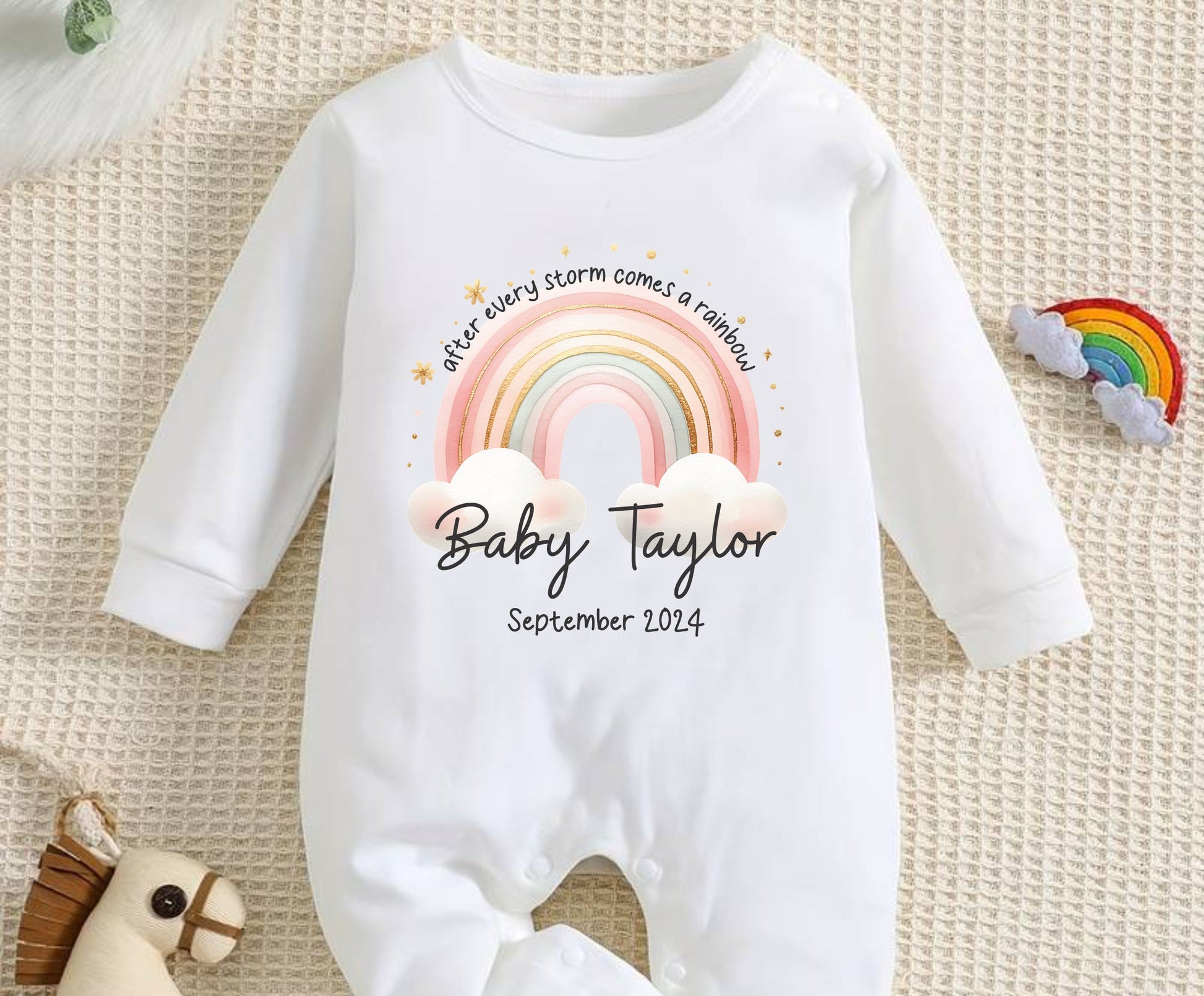 after every storm comes a rainbow baby sleepsuit