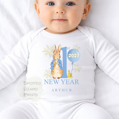 Personalised Peter Rabbit First New Years Eve Baby Outfit- My First New Years Eve Sleepsuit or Vest- 1st New Year Peter Rabbit