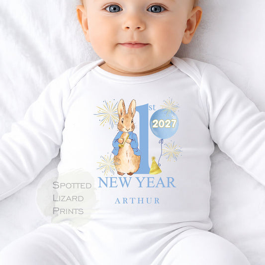 Personalised Peter Rabbit First New Years Eve Baby Outfit- My First New Years Eve Sleepsuit or Vest- 1st New Year Peter Rabbit
