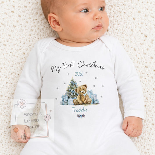 Personalised First Christmas Baby Outfit- My First Christmas Sleepsuit or Vest - 1st Xmas Teddy - BLUE