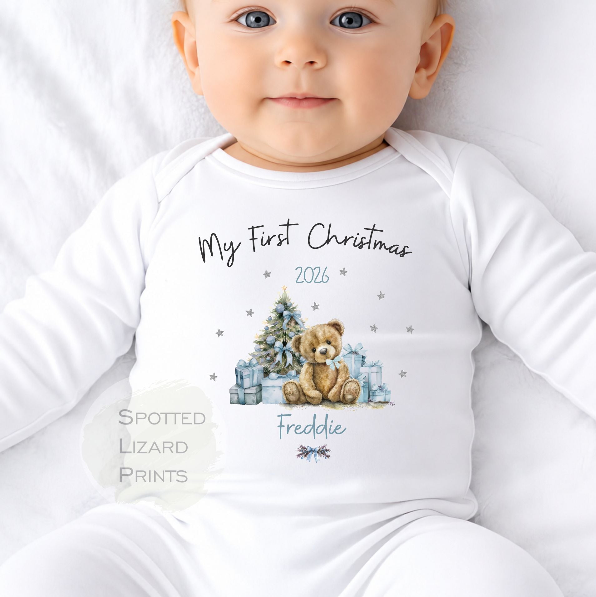 Personalised First Christmas Baby Outfit- My First Christmas Sleepsuit or Vest - 1st Xmas Teddy - BLUE