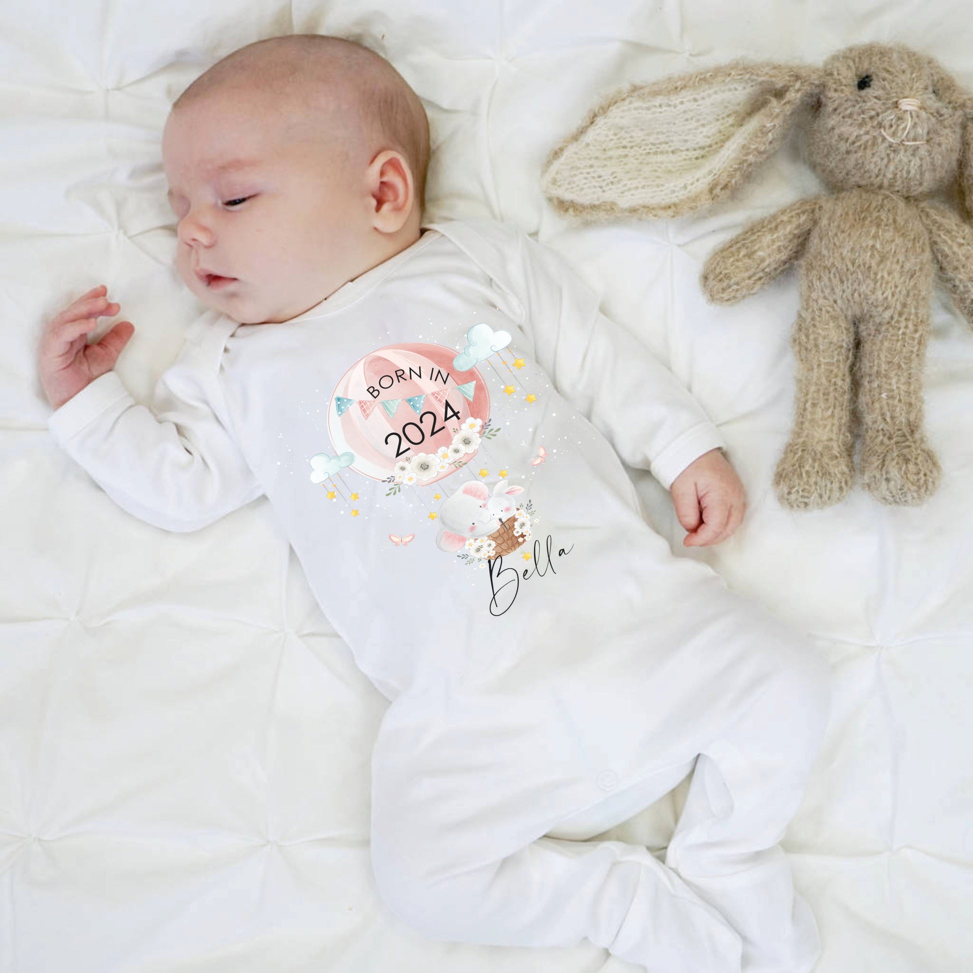 born in 2024 personalised baby romper with elephant