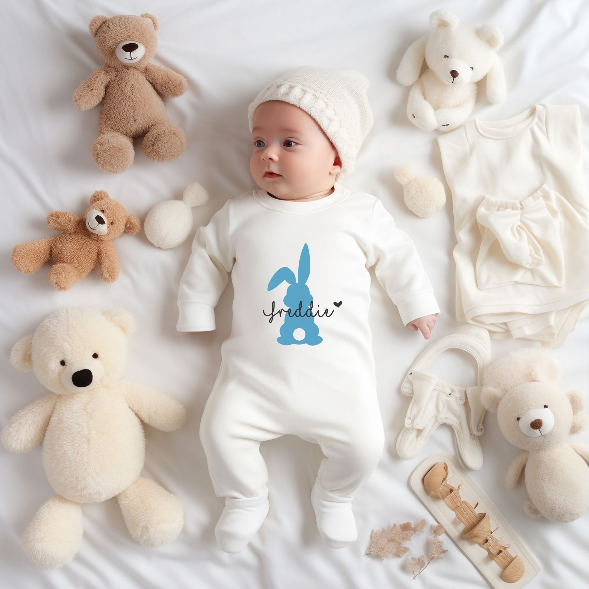 Personalised Baby clothing. Unique Hand printed Gift for Easter. White Baby Clothes.