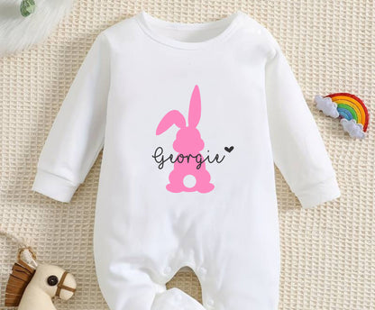 Personalised Baby clothing. Unique Hand printed Gift for Easter. White Baby Clothes.