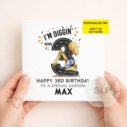 I’m Diggin’ Being Birthday Card – Personalised Construction Birthday Card Age 1–10 – Digger Birthday Boy – Custom Name