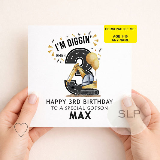 I’m Diggin’ Being Birthday Card – Personalised Construction Birthday Card Age 1–10 – Digger Birthday Boy – Custom Name