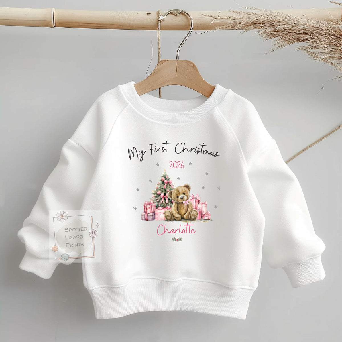 Personalised First Christmas Baby outfit- My First Christmas Sleepsuit or Vest  - Teddy PINK