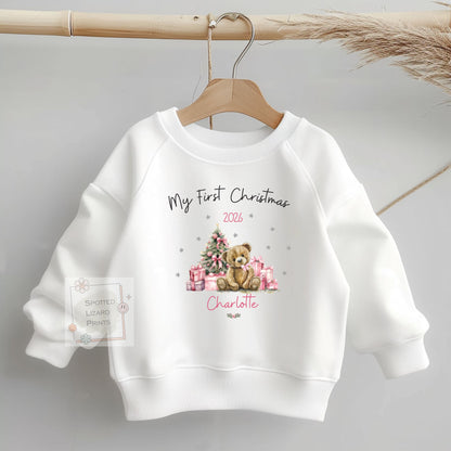 Personalised First Christmas Baby outfit- My First Christmas Sleepsuit or Vest  - Teddy PINK