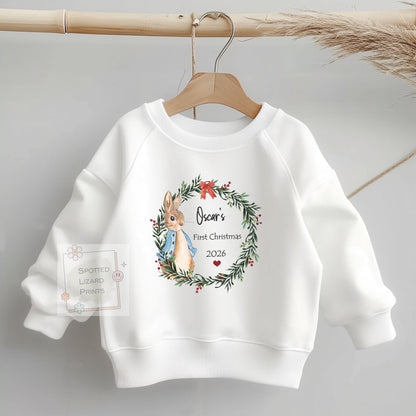 Personalised Peter Rabbit 1st Christmas Baby Outfit - Baby Sleepsuit or Vest - My First Christmas