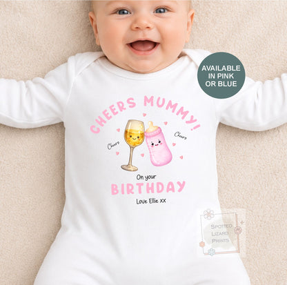 Personalised Cheers Mummy Birthday Baby Vest | Funny Baby Birthday Outfit | Custom Baby Bodysuit Sleepsuit | Mum Birthday Gift From Baby