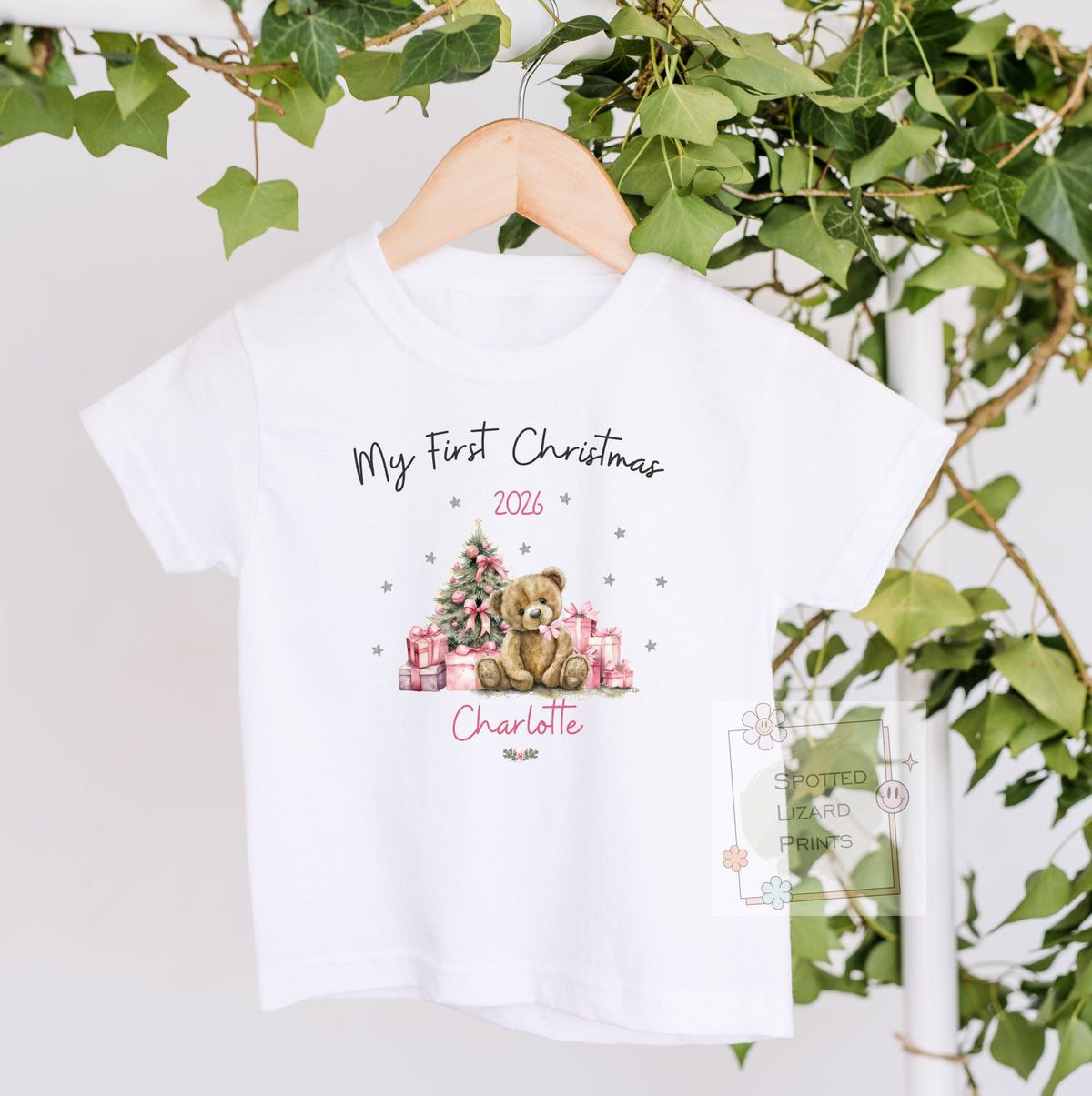 Personalised First Christmas Baby outfit- My First Christmas Sleepsuit or Vest  - Teddy PINK