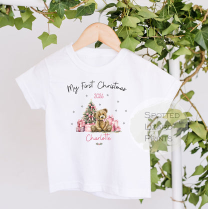 Personalised First Christmas Baby outfit- My First Christmas Sleepsuit or Vest  - Teddy PINK