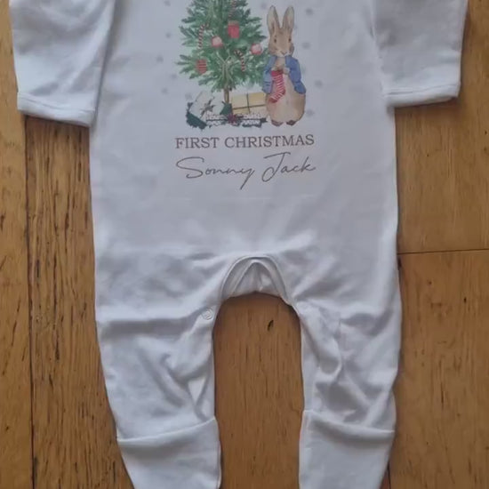 Personalised Peter Rabbit 1st Christmas Baby Vest - Baby Rompersuit- T-shirt My First Christmas