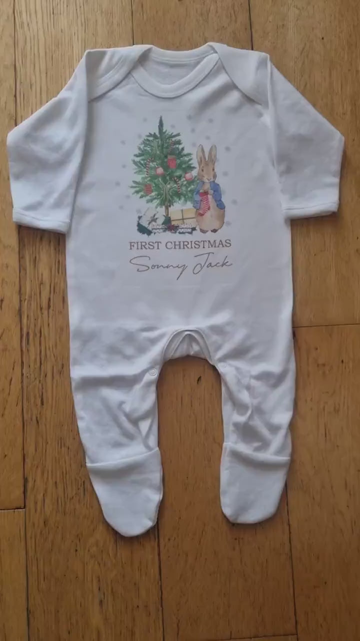 Personalised Peter Rabbit 1st Christmas Baby Vest - Baby Rompersuit- T-shirt My First Christmas