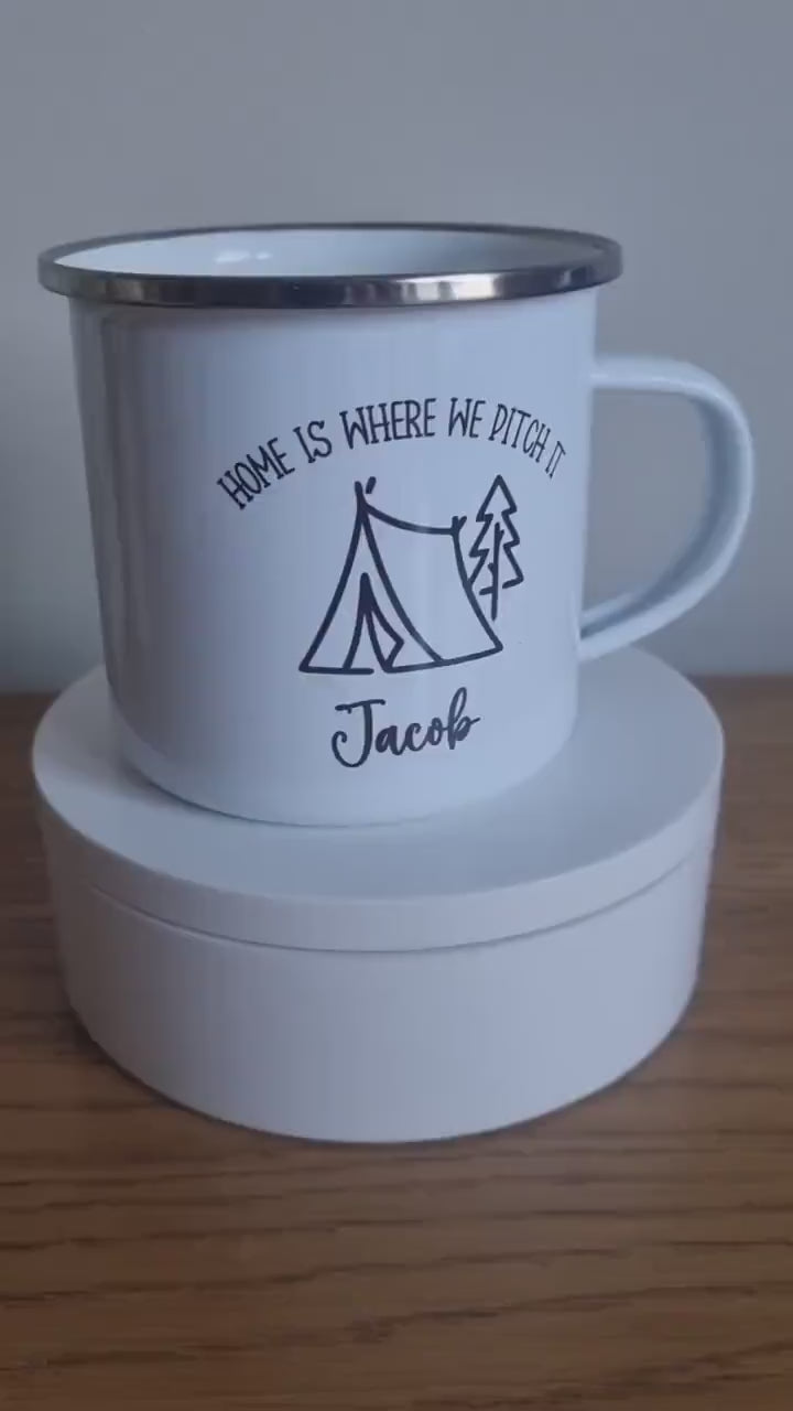 Personalised Camping Mugs, Camping Enamel Mug, Family camping mugs