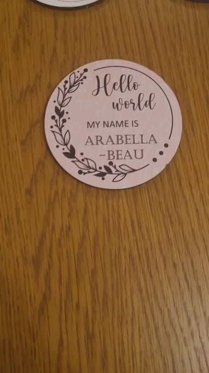 New baby arrival disc Hello World My Name is, New Baby Coasters