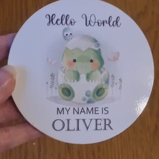 New baby arrival disc Hello World My Name is, New Baby Coasters - Cute Dinosaur