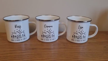 Personalised Caravan Mugs, Caravan Enamel Mug, Family Caravan mugs - Camping - Travel Mugs