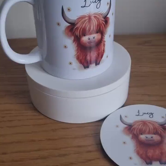 Personalised Highland Cow Mug / Coaster for Mum / Mummy - Set - Cute Highland Cow - Mother's Day