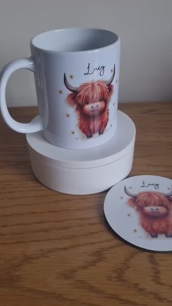 Personalised Highland Cow Mug / Coaster for Mum / Mummy - Set - Cute Highland Cow - Mother's Day