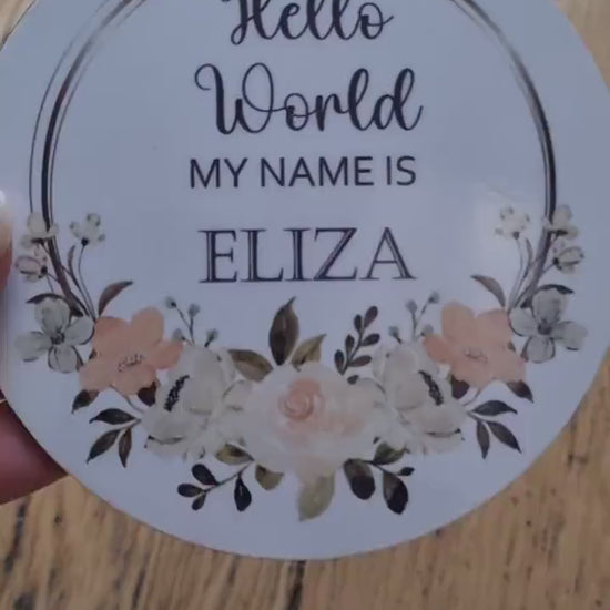 New baby arrival disc plaque Hello World My Name is, New Baby Coasters