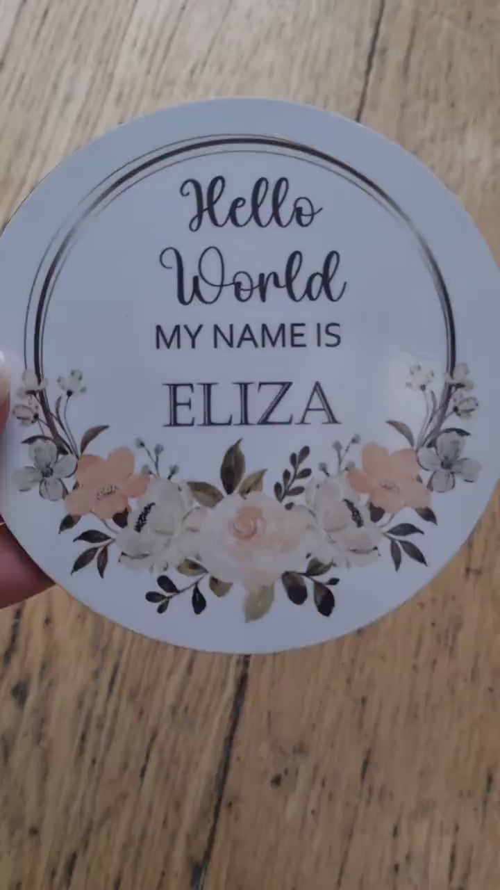 New baby arrival disc plaque Hello World My Name is, New Baby Coasters