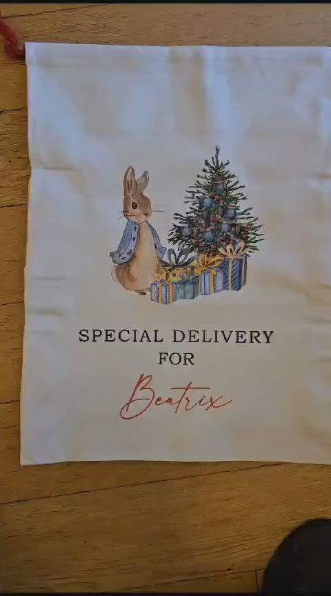 Personalised Peter Rabbit Santa Sacks | Linen Kids Stockings, Girls/Boys Xmas Gift Bag / Xmas Gift Bag / Post / Christmas Eve sack