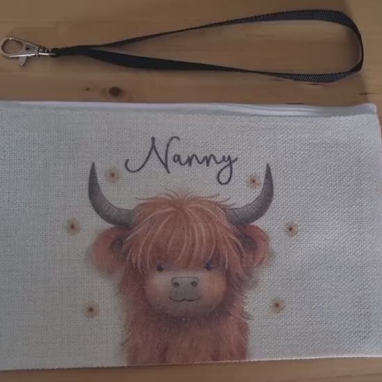 Personalised Highland Cow Pencil Case, Make up bag, Purse