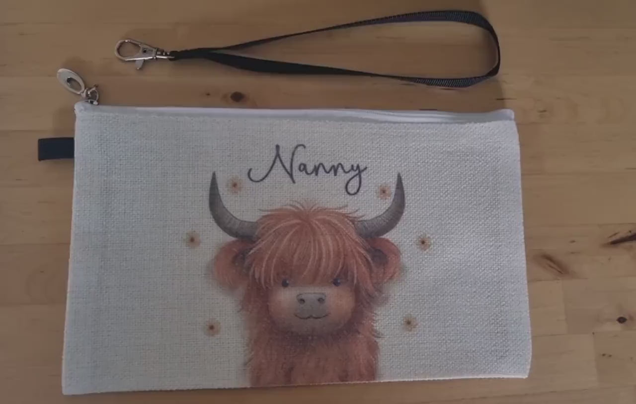 Personalised Highland Cow Pencil Case, Make up bag, Purse