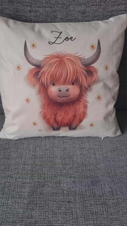 Highland Cow Pillow, Personalised Pillow, Gift for Mothers Day, Personalised Highland Cow, Scottish Cow