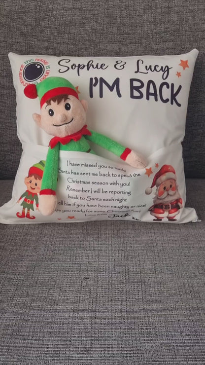 Personalised Naughty Elf is back Cushion, Elf I'm Back Cushion, We're Back, Christmas Pocket Cushion