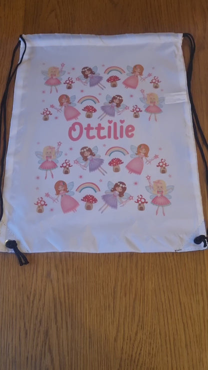 Personalised Fairies and Rainbow Kids Drawstring Bag - Swimming Bag - PE Bag - Fairy