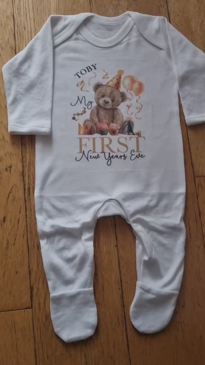 Personalised First New Years Eve Baby Rompersuit- My First New Years Eve Sleepsuit - 1st New Year Teddy