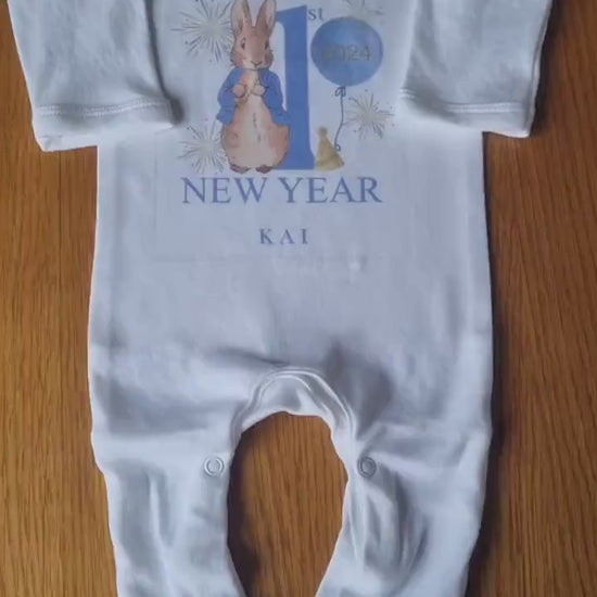 Personalised Peter Rabbit First New Years Eve Baby Rompersuit- My First New Years Eve Sleepsuit - 1st New Year Peter Rabbit