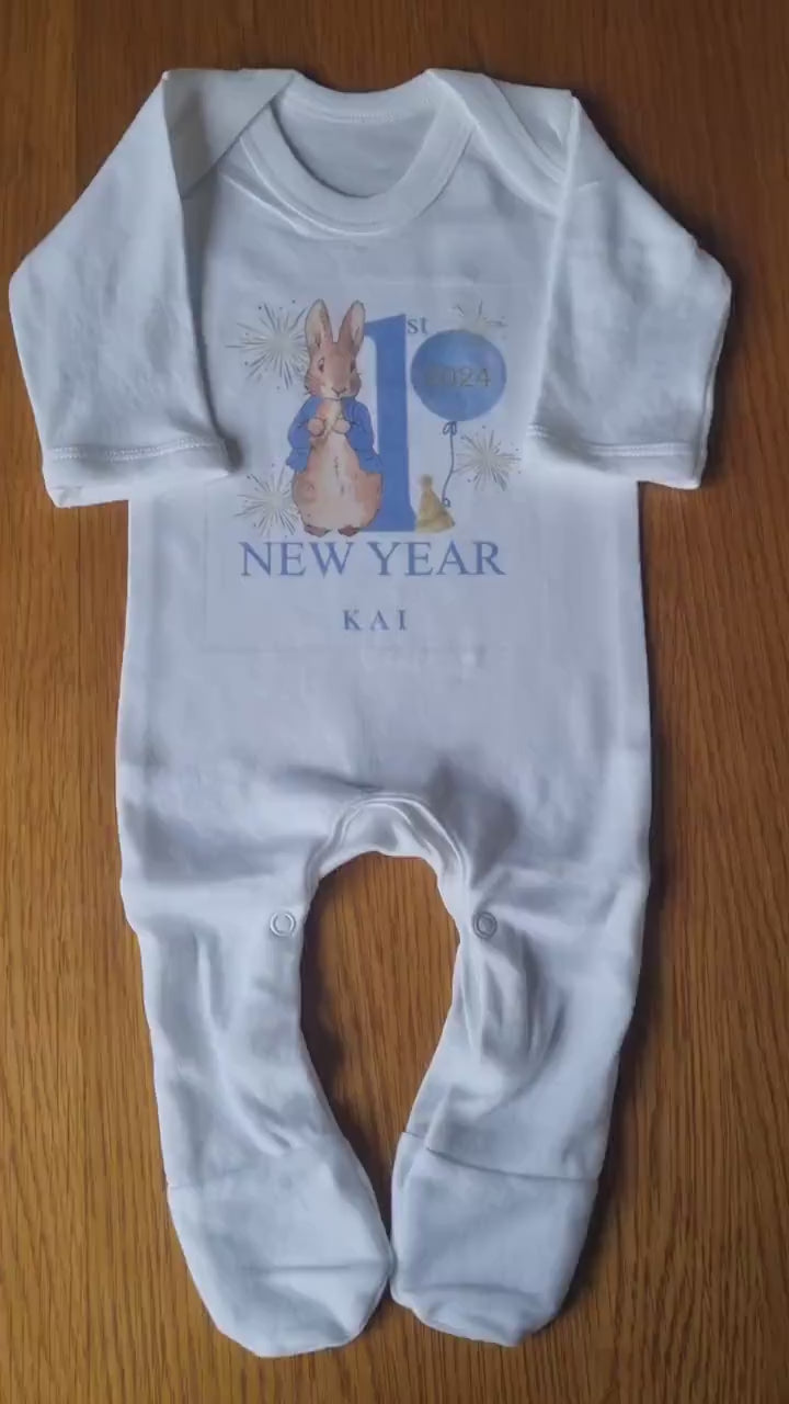 Personalised Peter Rabbit First New Years Eve Baby Rompersuit- My First New Years Eve Sleepsuit - 1st New Year Peter Rabbit