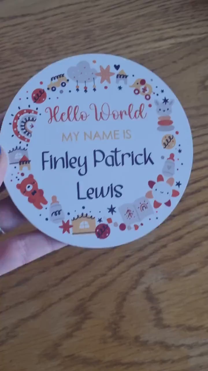 New baby arrival disc plaque Hello World My Name is, New Baby Coasters