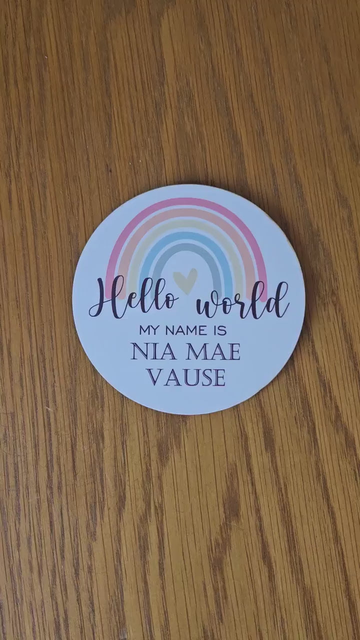 New baby arrival disc plaque Hello World My Name is, New Baby Coasters