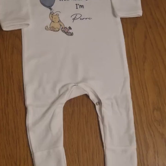 Personalised Well Hello There Classic Winnie the Pooh Baby Rompersuit New Baby Coming Home outfit, Baby announcement Sleepsuit