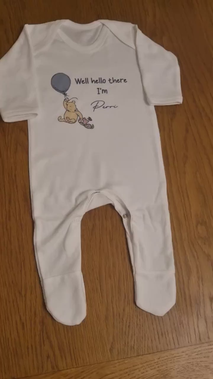 Personalised Well Hello There Classic Winnie the Pooh Baby Rompersuit New Baby Coming Home outfit, Baby announcement Sleepsuit