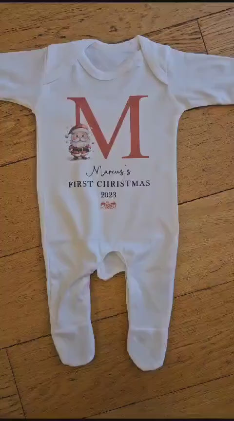 Personalised First Christmas Baby Rompersuit- My First Christmas Sleepsuit - 1st Xmas Santa Sleigh