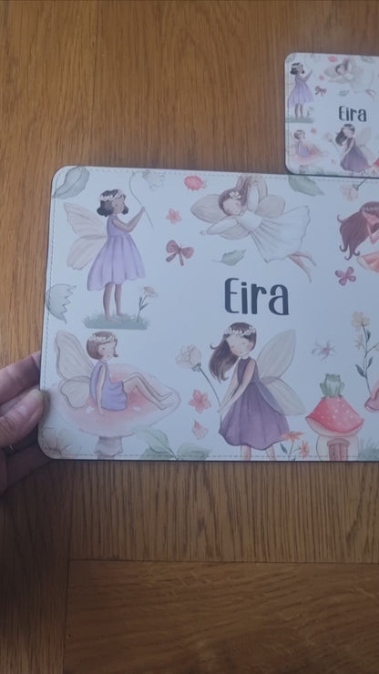 Personalised Spring Fairies Placemat and Coaster Set, Kid's Dinner Set, Fairies gift, Children's Birthday Gift, Fairies Placemat