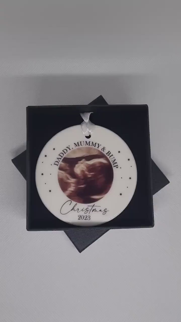 Personalised Mummy & Daddy to be bauble -  Scan Photo Gift, Baby Announcement, Coming Soon, Mummy and Daddy Scan Ornament